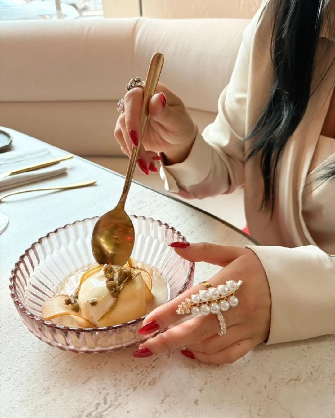 Pagot&oacute; /&pi;&alpha;&gamma;&omega;&tau;ό/ (n.) &mdash; ice cream

A whisper of sweetness after the sea.
Goat milk gelato draped with Bosc pears, kissed by chamomile and thyme. Bright, delicate, and fleeting&mdash;like the last light of a long A