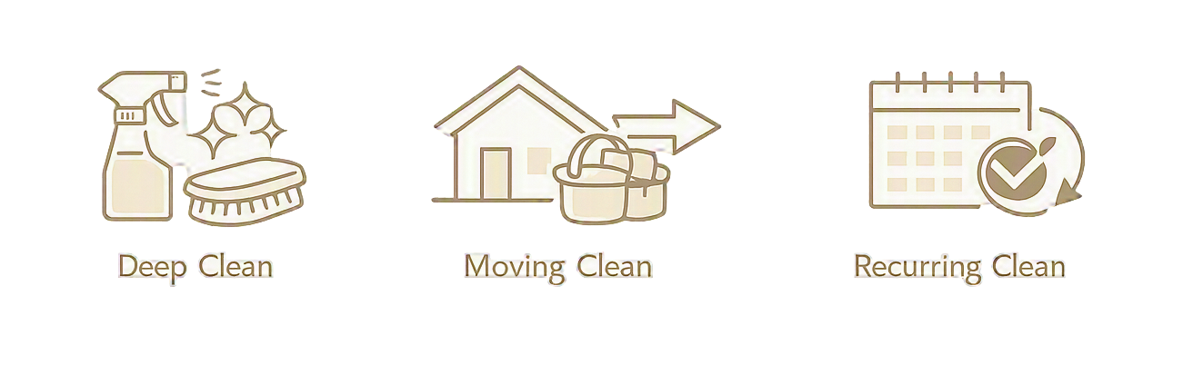 Illustration of a cleaning process with icons showing scrubbing, moving, and recurring cleaning stages, labeled 'Deep Clean,' 'Moving Clean,' and 'Recurring Clean.'