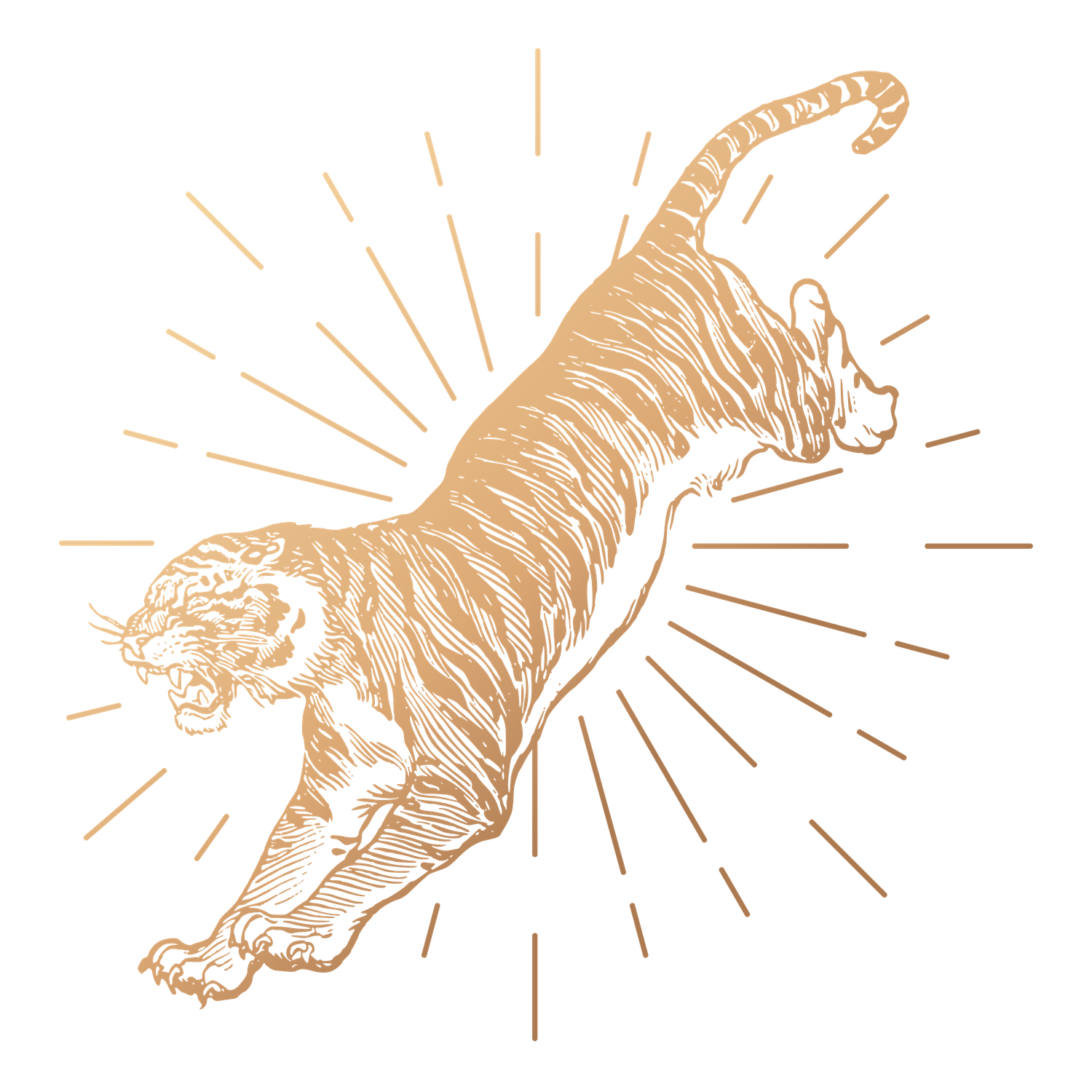 Illustration d'un tigre stylisé avec des rayons de lumière en arrière-plan.