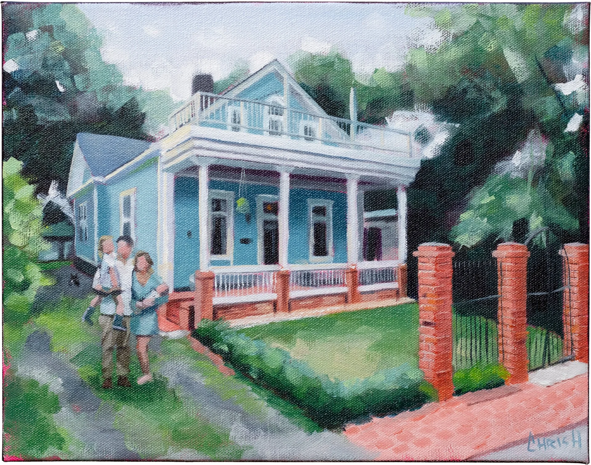 A watercolor painting of a light blue house with a porch, surrounded by green trees and a brick fence. Two people are standing near the house entrance.
