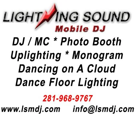 Advertisement for Lightning Sound Mobile DJ featuring DJ services, MC, photo booth, uplighting, monogram, dancing on a cloud, dance floor lighting, with contact info and website.