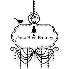 Charming hanging sign with a bird and chandelier design, reading 'Jazz Bird Bakery'.