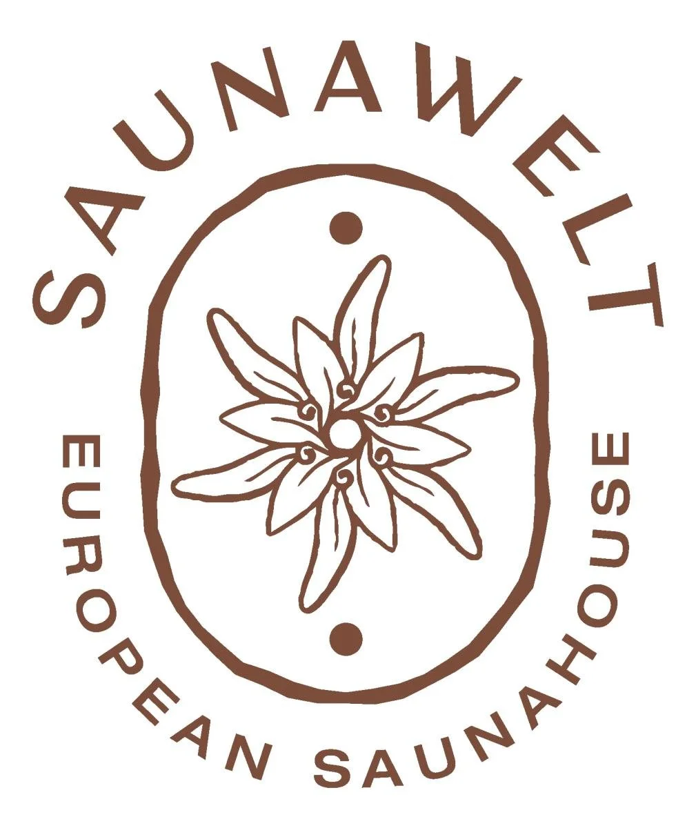 Logo for SaunaWell, featuring a stylized cannabis leaf inside a wood tag outline, with the brand name "SAUNA WELL" and the tagline "European Sauna" written around the circle.