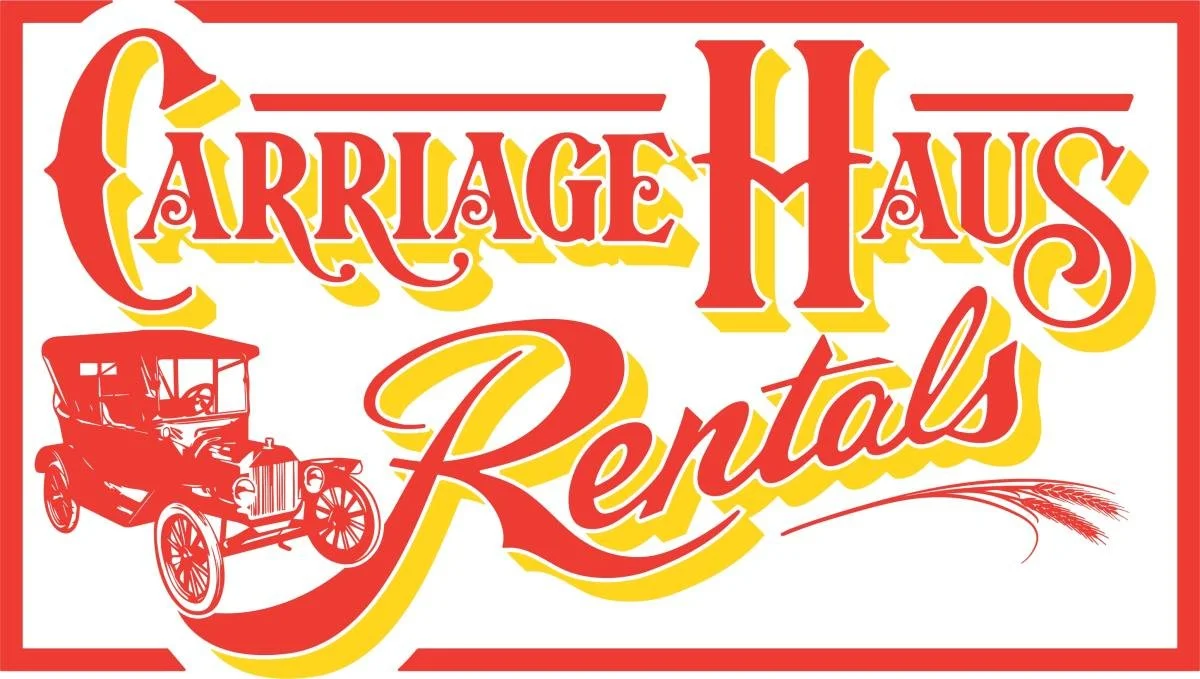 Vintage car illustration with red and yellow text reading "Carriage Haus Rentals" and decorative wheat design.