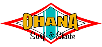 Logo for Ohana Surf & Skate featuring a diamond shape with a red outline, a blue wave, and the text 'OHANA' in large yellow letters, with 'Surf & Skate' in smaller black script below.