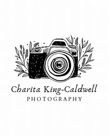 A black and white logo featuring a camera surrounded by decorative leaves, with the text "Charita King-Caldwell Photography" beneath it.