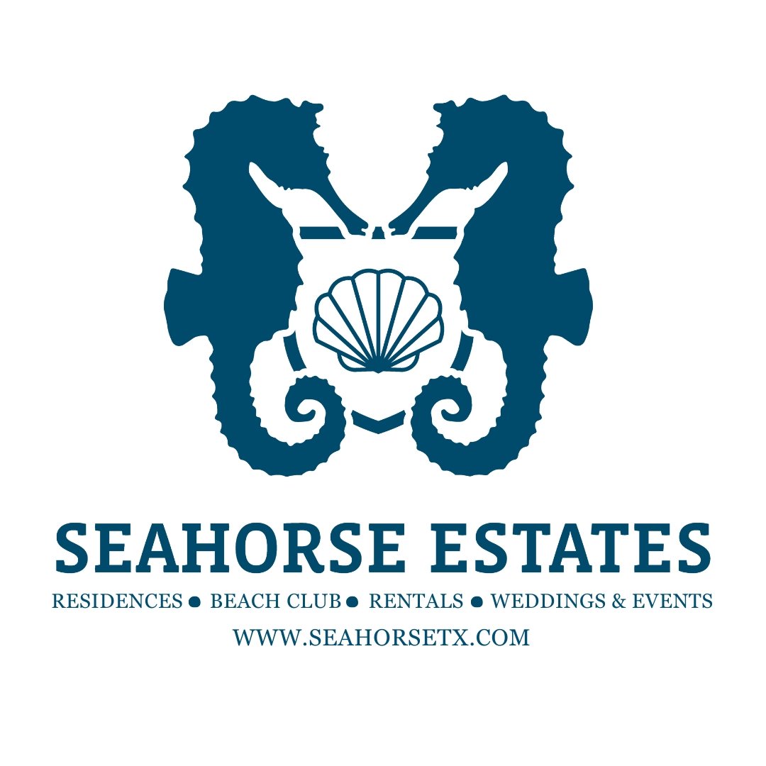 Logo for Seahorse Estates featuring a seahorse and seashell, with text promoting residences, beach club, rentals, weddings, and events at www.seahorsetx.com.