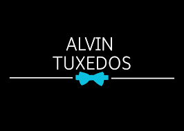 Black background with white text reading 'ALVIN TUXEDOS' and a blue bow tie graphic in the center.