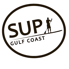 Logo for SUP Gulf Coast featuring a person paddleboarding with the text 'SUP Gulf Coast'.