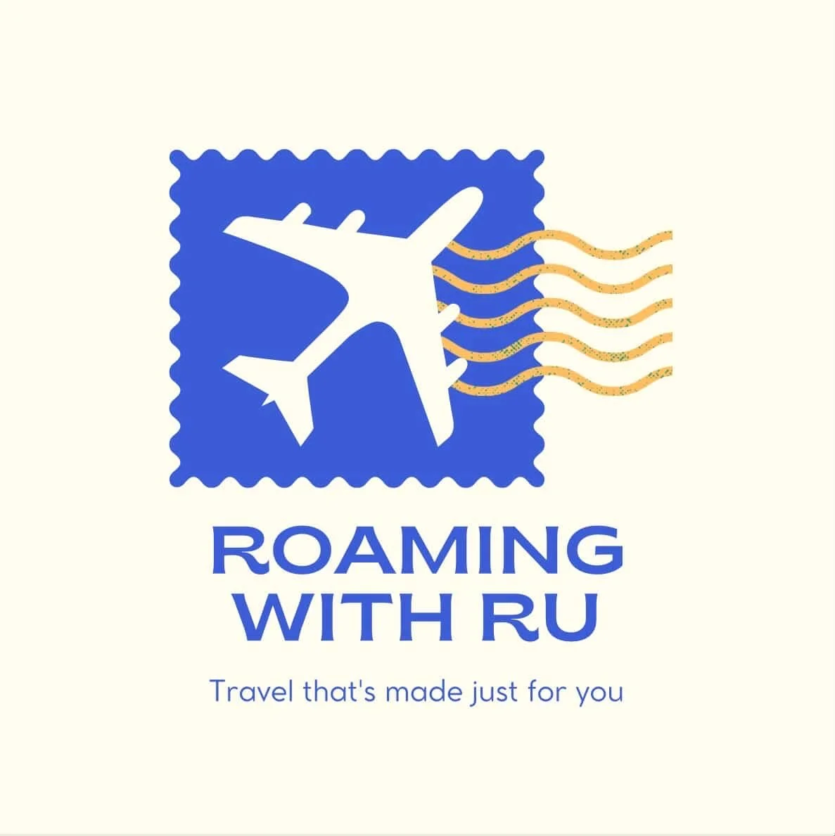 A stamp-like graphic with an airplane and wave lines, with the text "Roaming with RU" and the slogan "Travel that's made just for you."