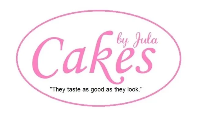 Logo for 'Cakes by Julia' with pink text inside an oval shape, tagline 'They taste as good as they look.'