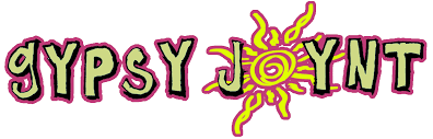 Colorful logo with the word 'Gypsy Jount' in stylized graffiti font, featuring a yellow spiral sun with wavy rays between the words.