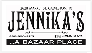 Sign for Jennika's Bazaar Place, located at 2628 Market St., Galveston, TX, with contact number 832-350-9271.