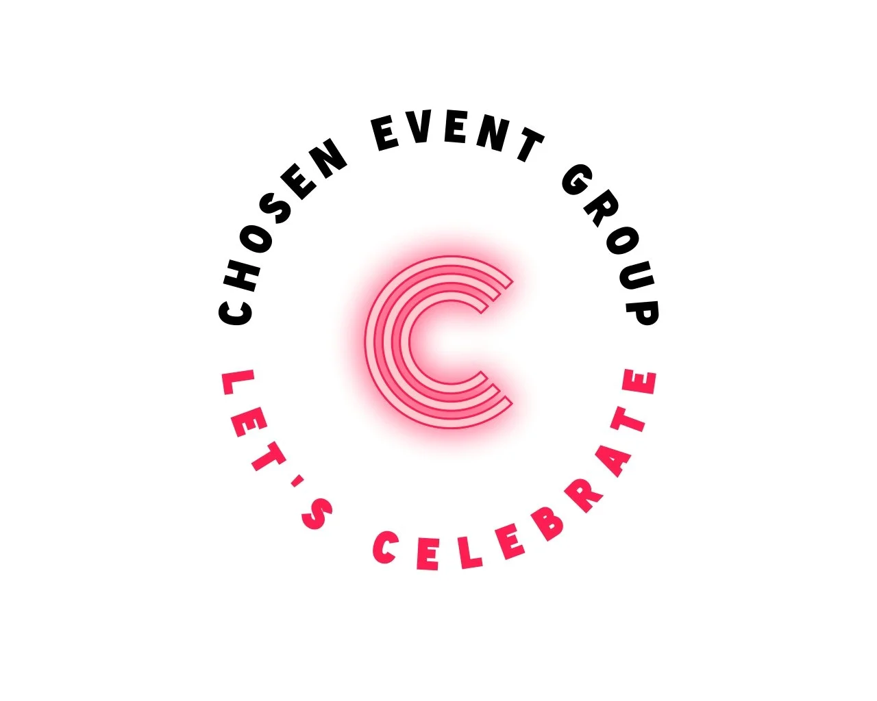 Neon pink glowing letter C surrounded by black and red text that reads 'Chosen Event Group, Let's Celebrate' in a circular arrangement.