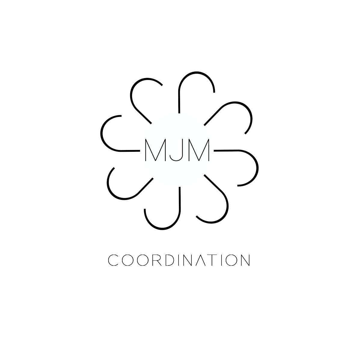 Minimalist black and white logo with a flower-like design made of curved lines, with the initials 'MJM' in the center and the word 'Coordination' below.