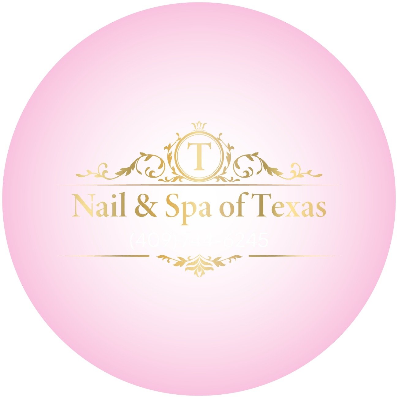 Pink circular logo for Nail & Spa of Texas with gold decorative elements and text.