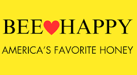 Yellow background with black and red text reading 'BEE HAPPY' and 'AMERICA'S FAVORITE HONEY'.