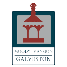 Logo for Moody Mansion in Galveston featuring a stylized pavilion or gazebo with a tree on top, and text reading 'Moody Mansion Galveston'.
