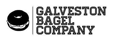 Logo of Galveston Bagel Company featuring a smiling bagel with a bite taken out of it.