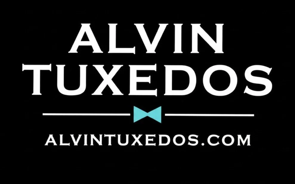 Black background with white text that reads 'ALVIN TUXEDOS', a small blue bowtie graphic below, and the website 'ALVINTUXEDOS.COM' at the bottom.