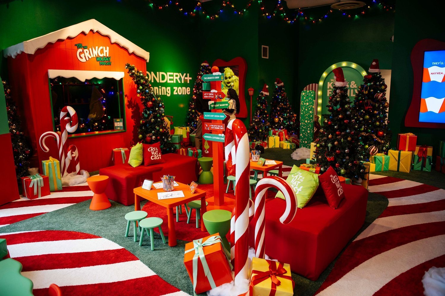 Wondery’s Holiday Adventureland at Westfield Century City, with Grinch signage and family activities