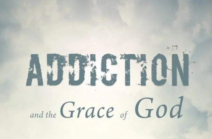 The words "Addiction and the grace of God" in teal against a background of clouds