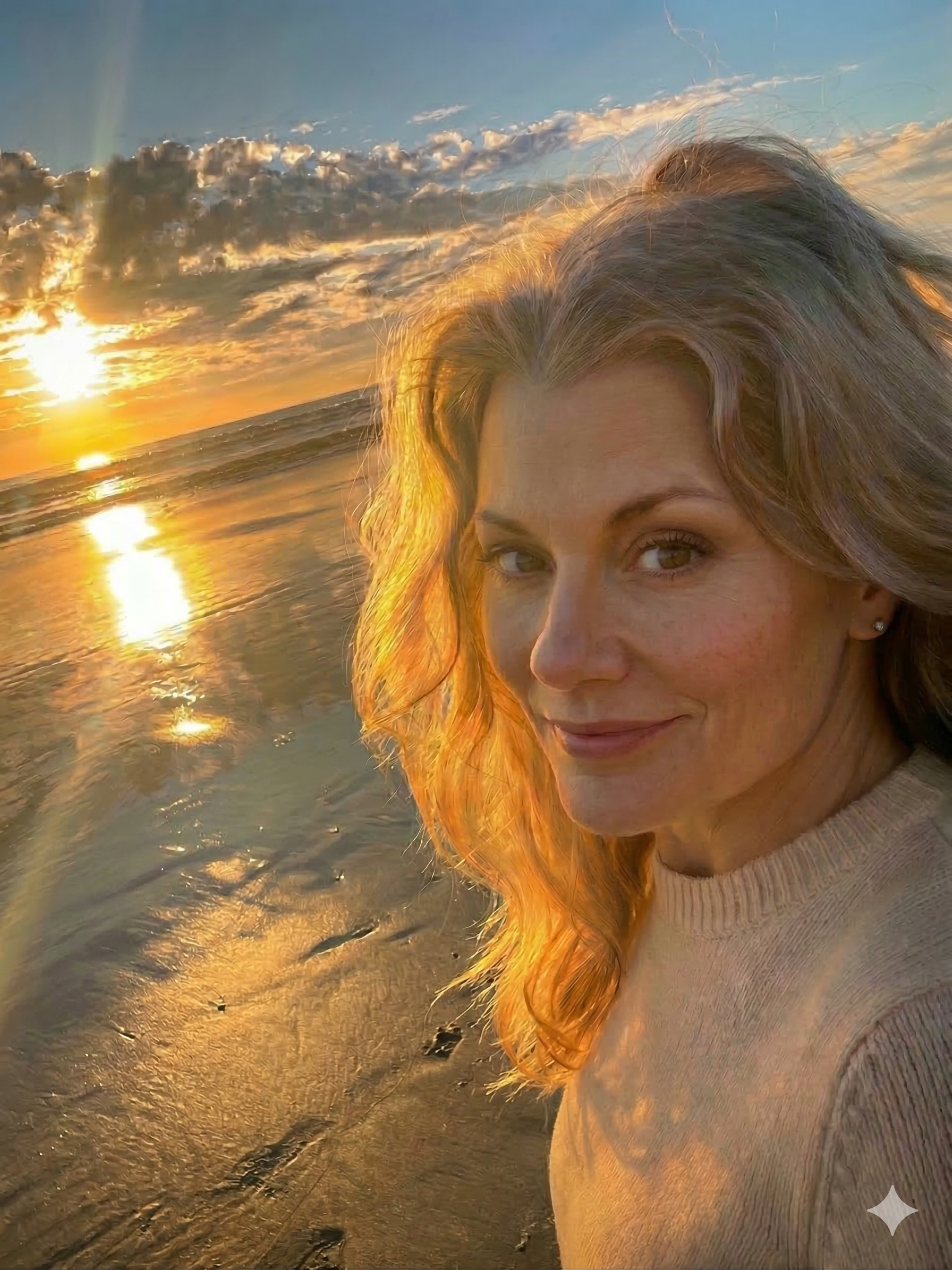 A woman with wavy blonde hair taking a selfie on the beach at sunset, with the ocean and clouds in the background.