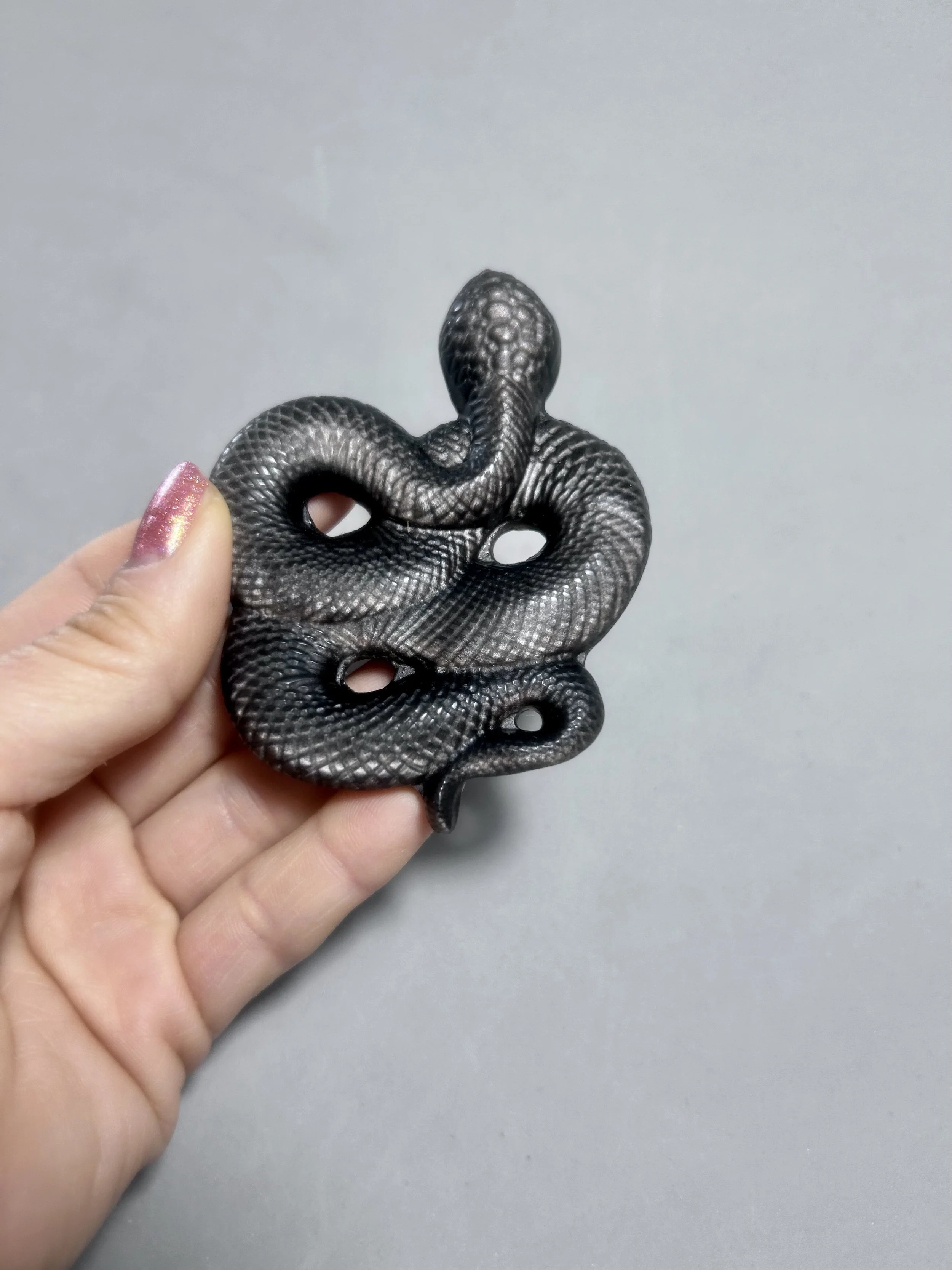 Silver Sheen Obsidian Snake Carving
