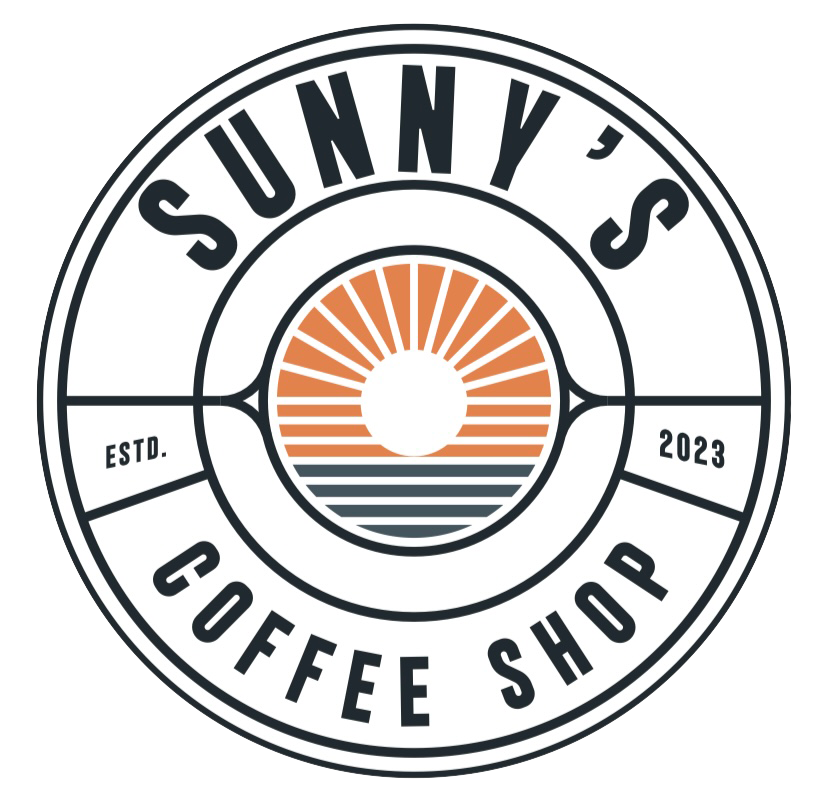 Logo of Sunny's Coffee Shop featuring a sun setting over water with black, orange, and white colors, established in 2023.