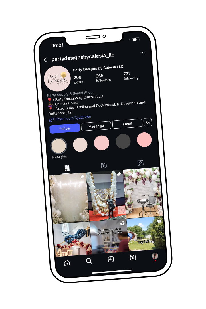Instagram profile page for party designs by Calesia LLC showing decoration photos and follower stats.