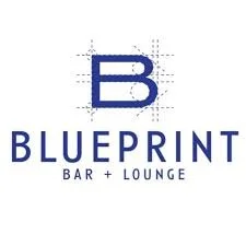 Blue print of a bar and lounge logo with a capital letter B above the word 'BLUEPRINT' and the subtitle 'BAR + LOUNGE'.