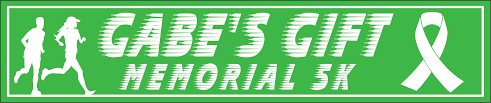 Green banner for Gabe's Gift Memorial 5K featuring silhouettes of runners and a white ribbon symbol.