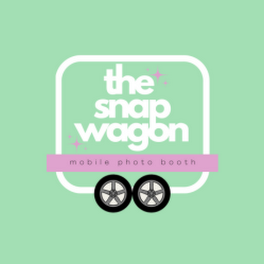 Logo for the Snap Wagon mobile photo booth, featuring a green background, white text, pink accents, and two black and gray wheels.