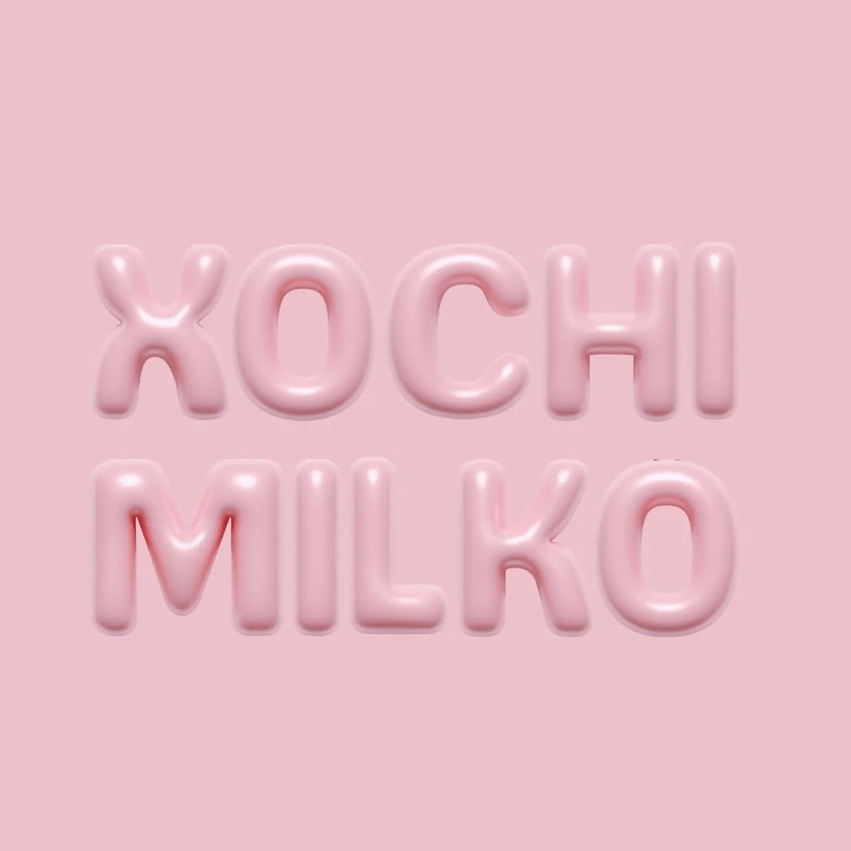 Pink background with 3D pink balloon letters spelling out 'Xochi Milko'.