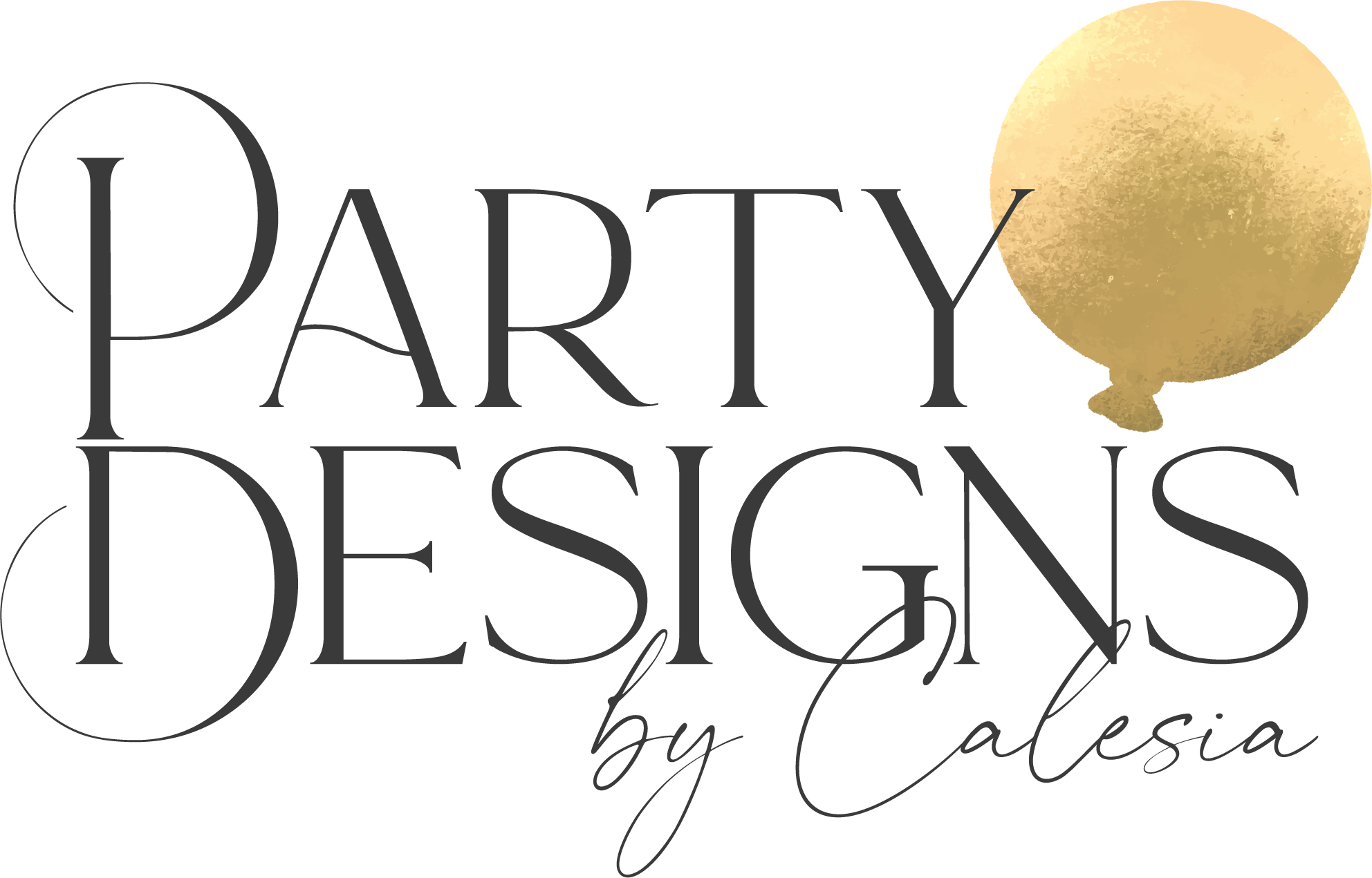 Typography design with the text 'Party Desings' in large black letters, with a gold glittery balloon integrated into the design, and the words 'by Calesia' in cursive.