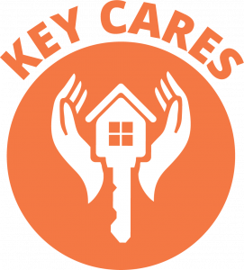 Logo for Key Cares featuring a house key with a house inside, surrounded by two white hands, and orange background with the text 'Key Cares' at the top.