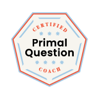 Certification badge that reads "Certified Primal Question Coach" with a hexagonal shape and red, white, and blue colors.