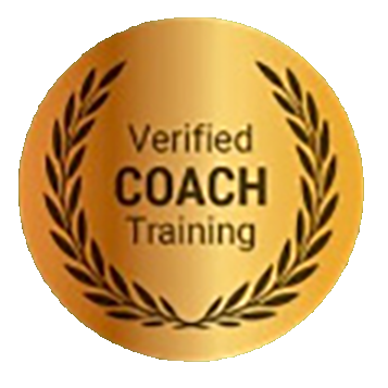Gold circular badge with black text that reads 'Verified Coach Training,' surrounded by black laurel branches.
