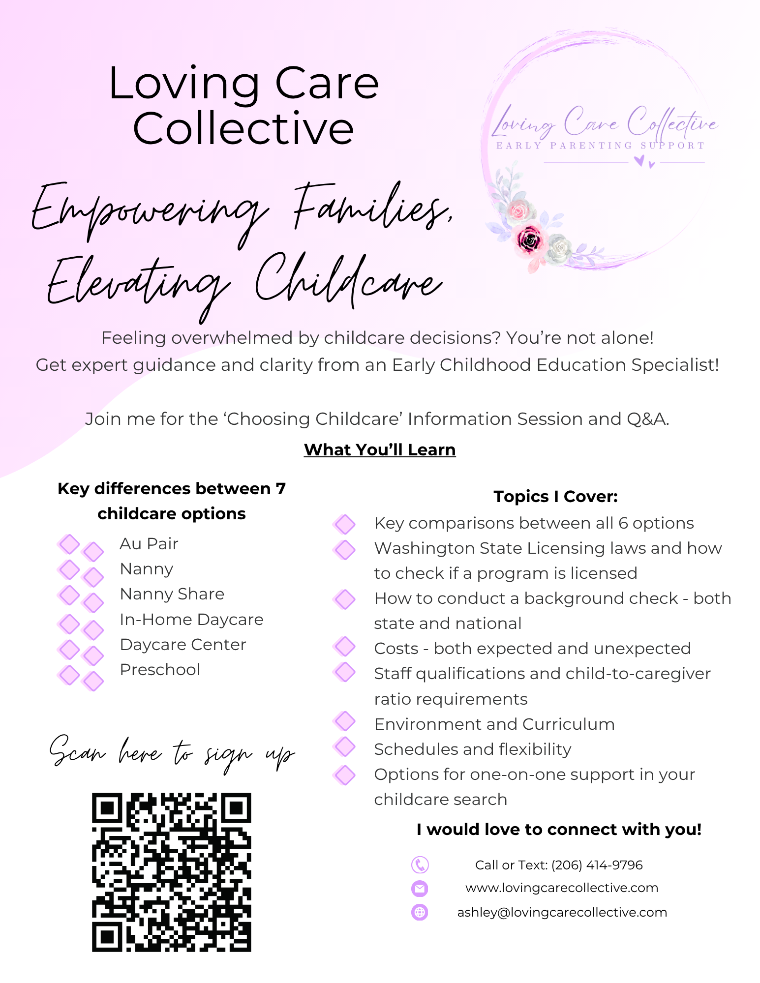 Marketing Flyer for Loving Care Collective's Virtual Choosing Childcare Information Session.
