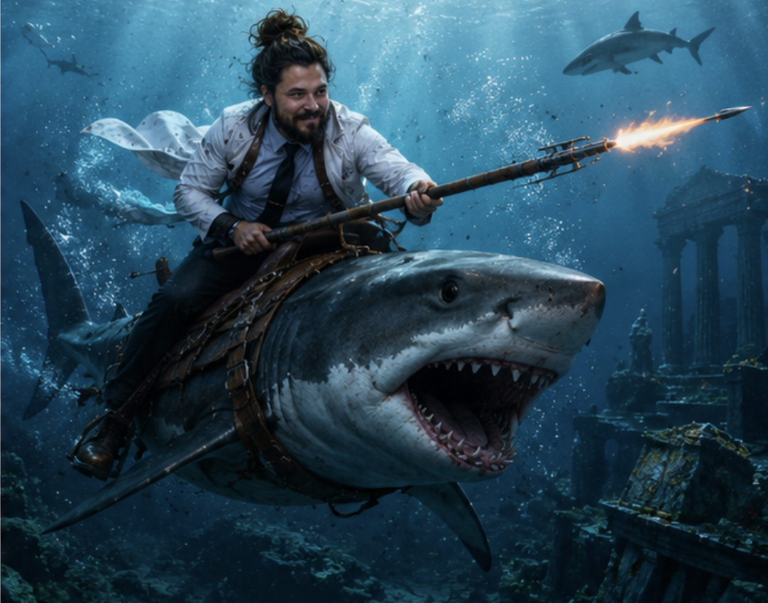 Doctor riding a great white shark with a spear gun
