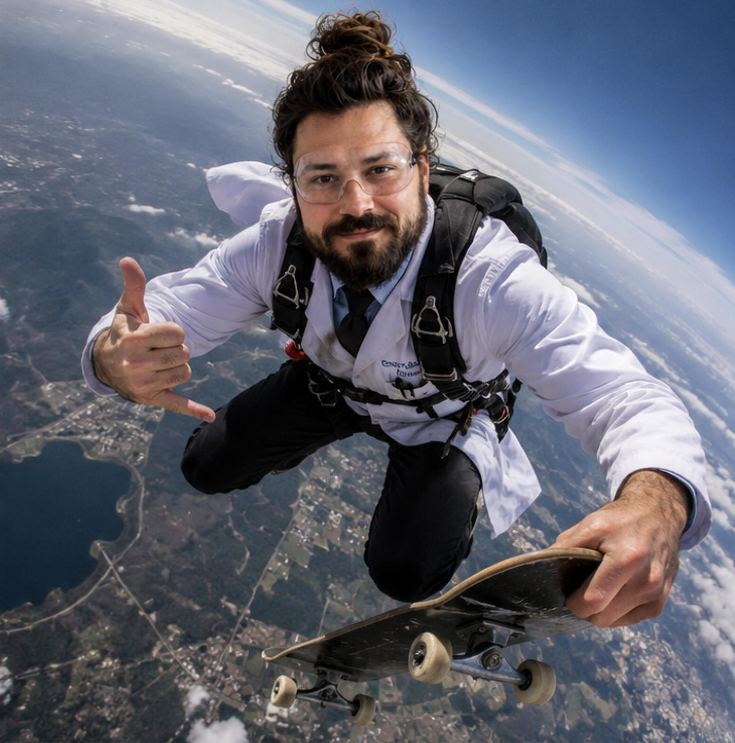 Doctor skydiving with a skateboard