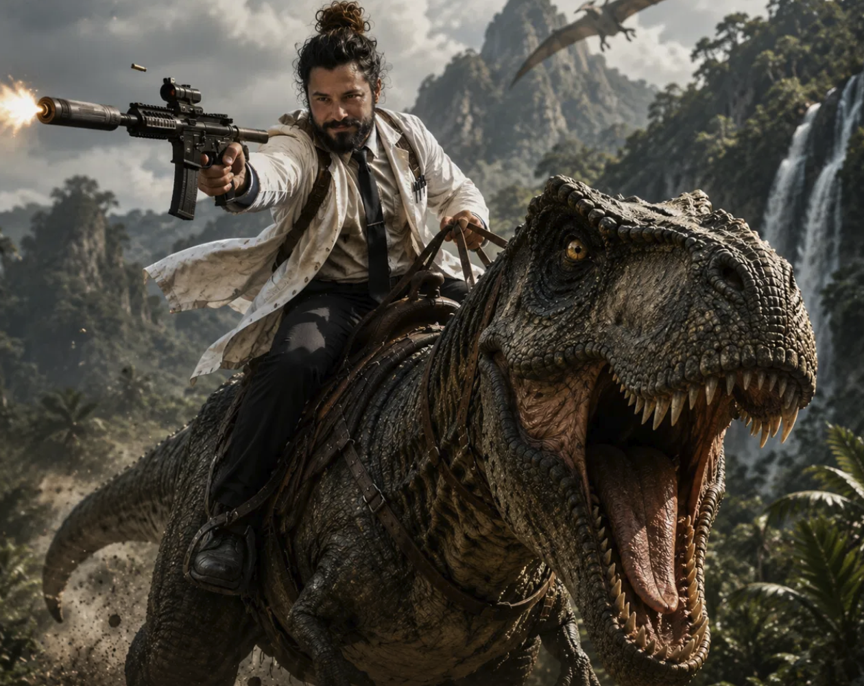 Doctor riding a T-rex, waterfall behind