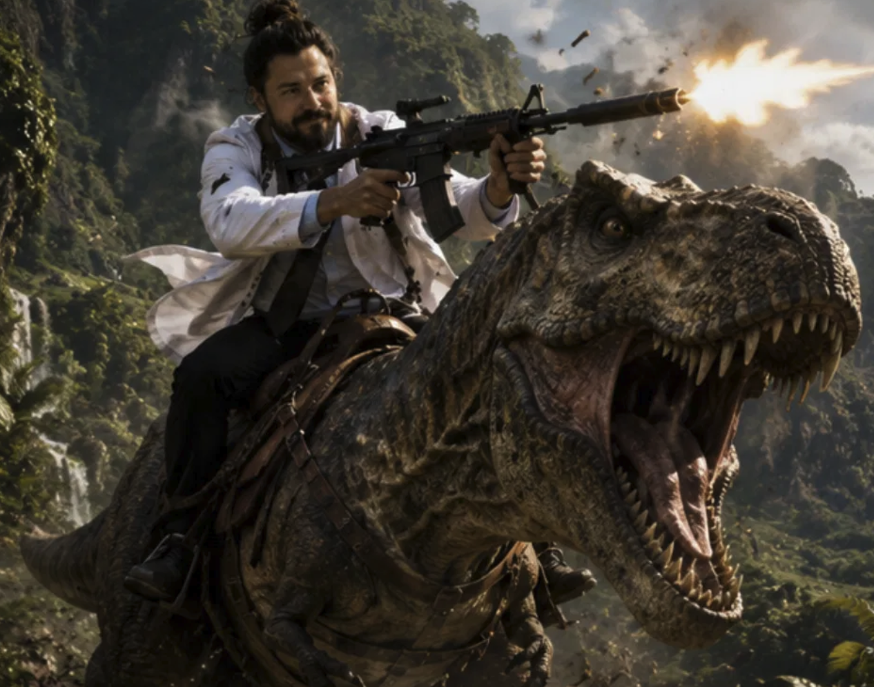 Doctor riding a T-rex