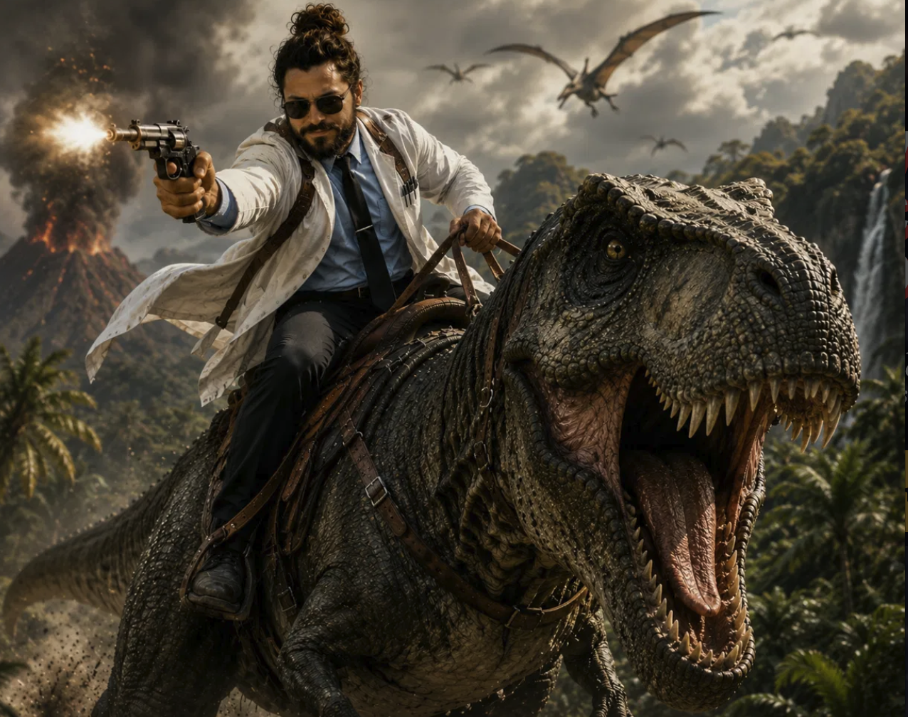 Doctor riding a T-rex past a volcano