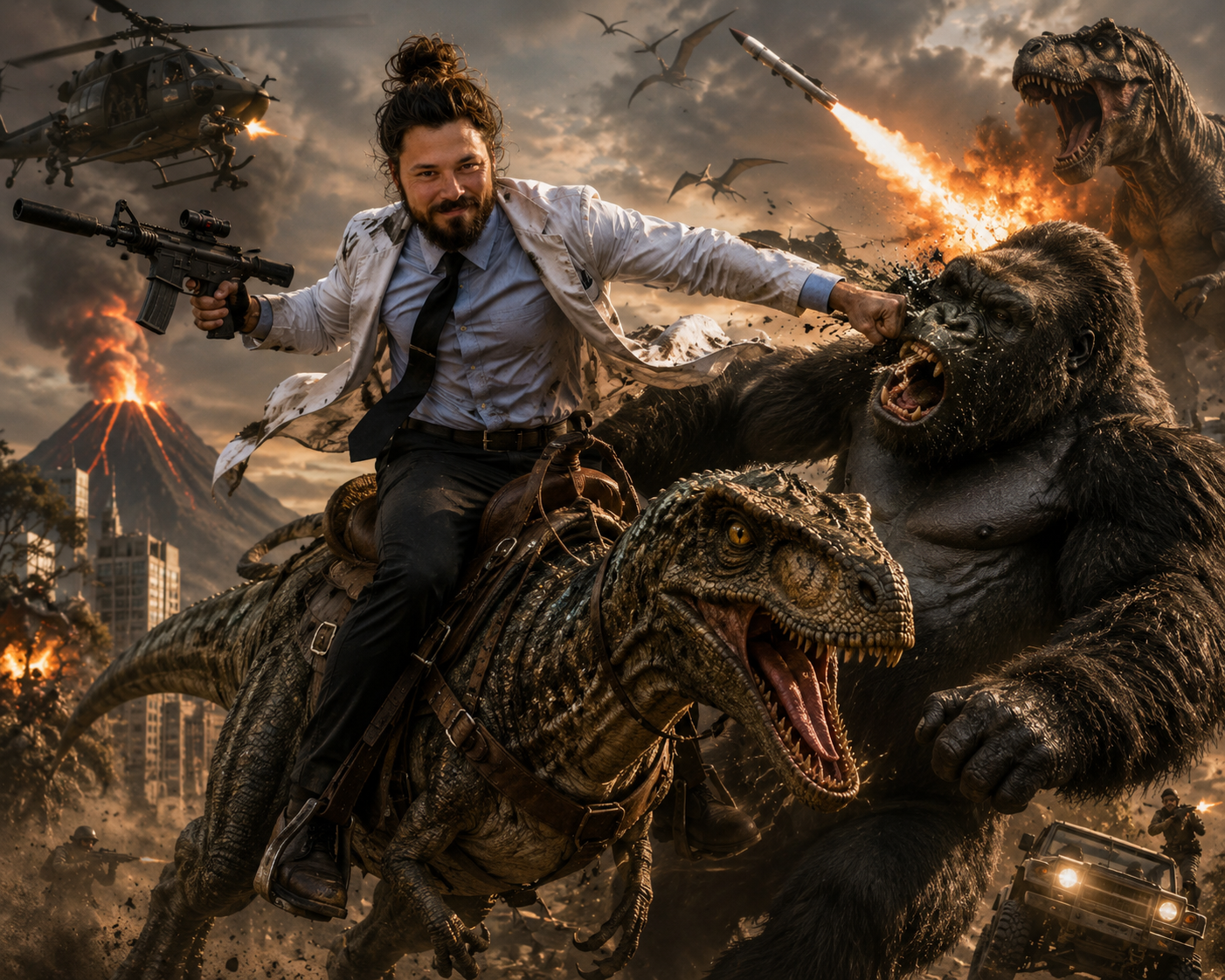 Doctor in a white coat riding a raptor and punching a gorilla