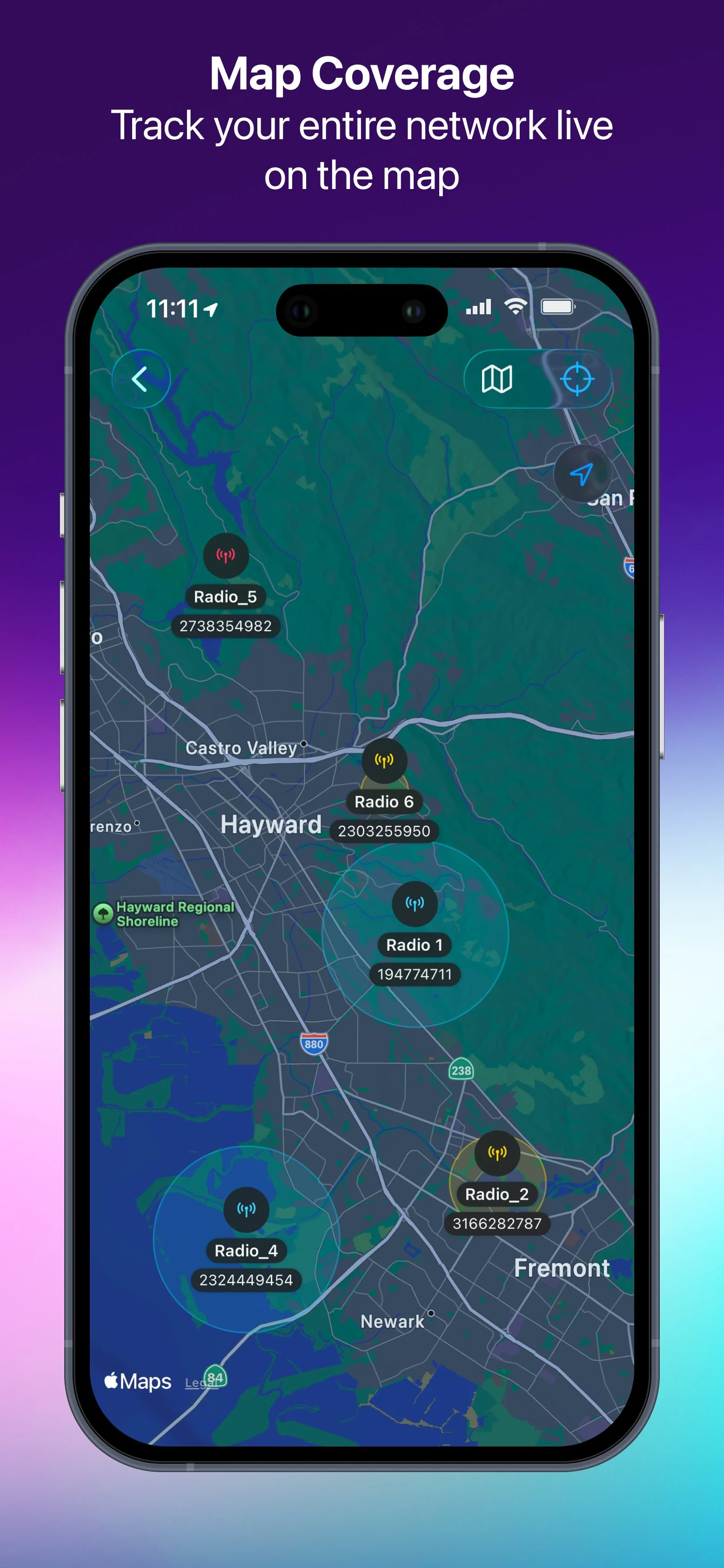 Smartphone displaying a map of Hayward, California with live radio network coverage, including radio stations labeled Radio 1, Radio 2, Radio 4, Radio 5, and Radio 6, with signal icons.