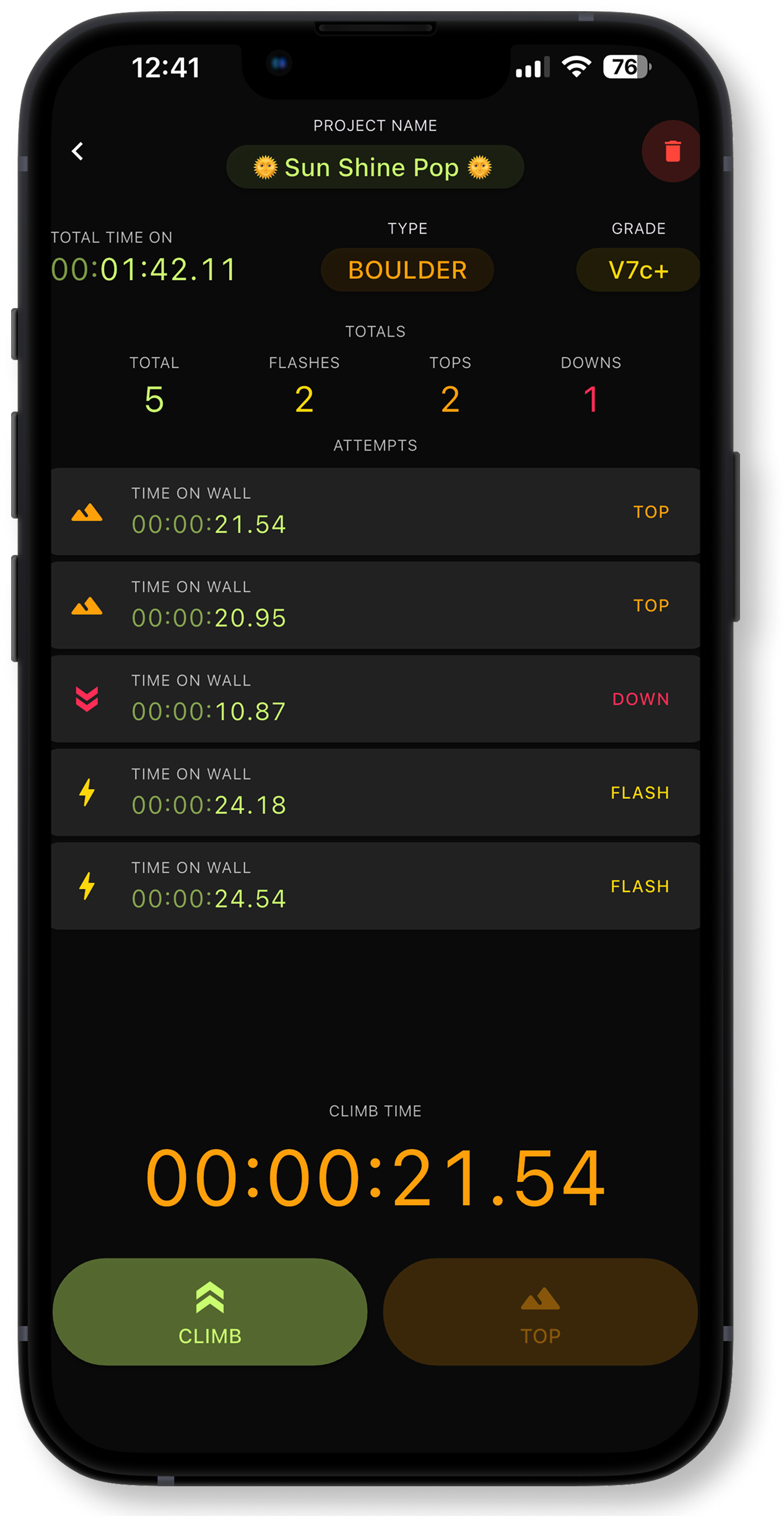 Climbing training app on a smartphone screen displaying project details, total and wall time, attempts, and levels marked 'Sun Shine Pop' with climbing grade V7c+.