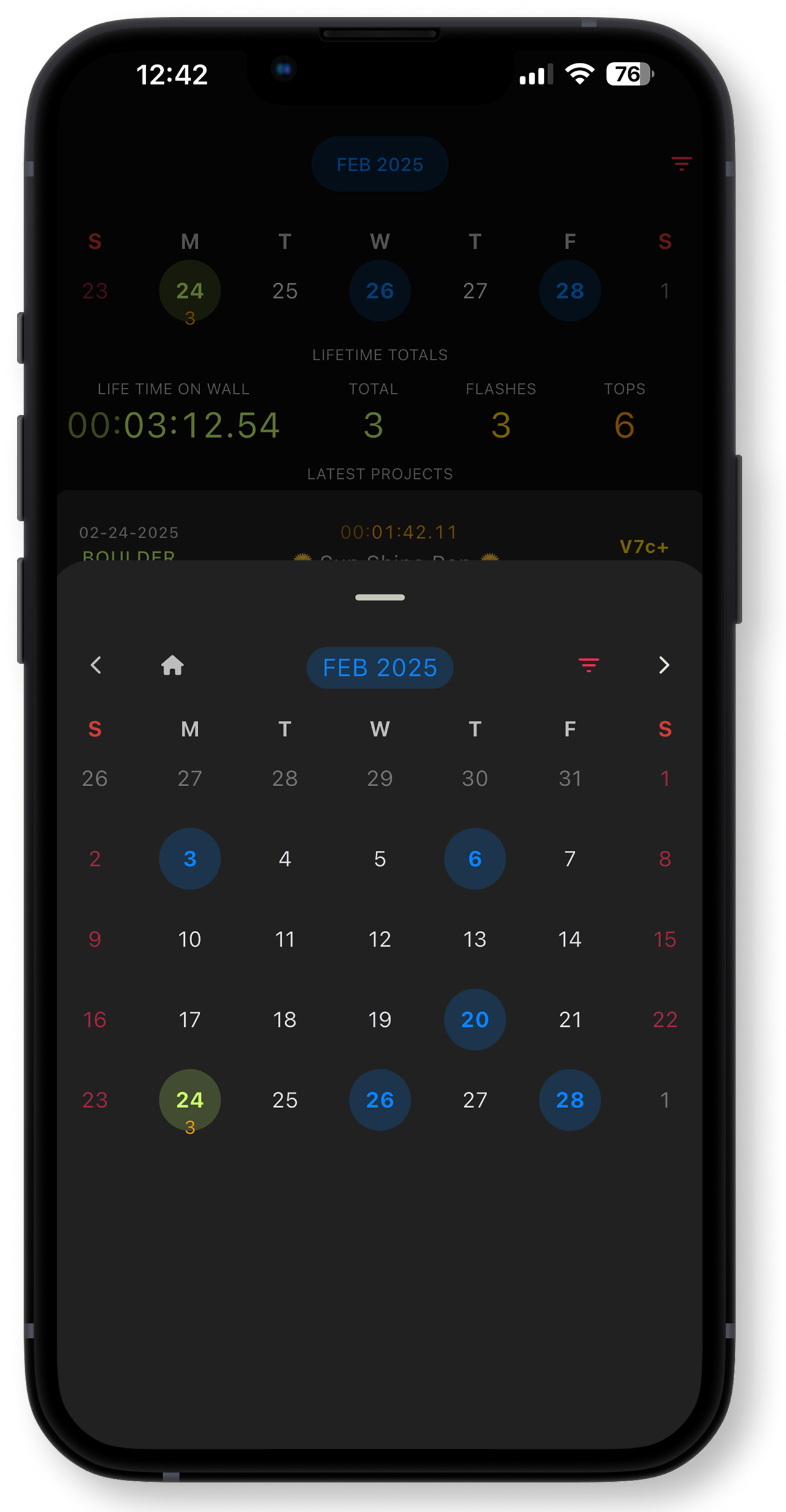 A screenshot of a mobile app with calendar and project tracking features, showing February 2025 with various marked dates and project details.