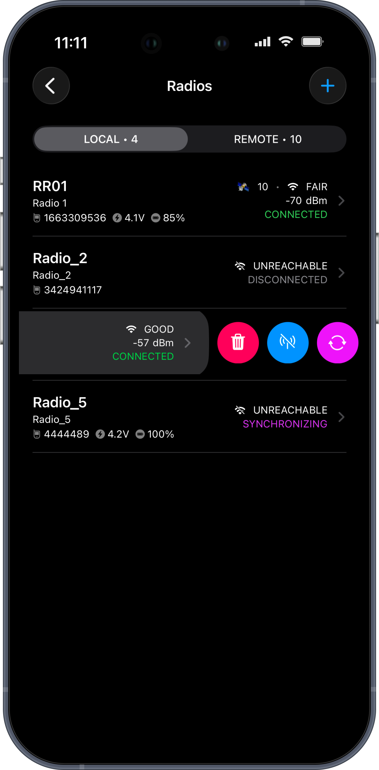 Mobile app screen showing radio connection statuses for three radios, some connected and others not, with options to manage them.