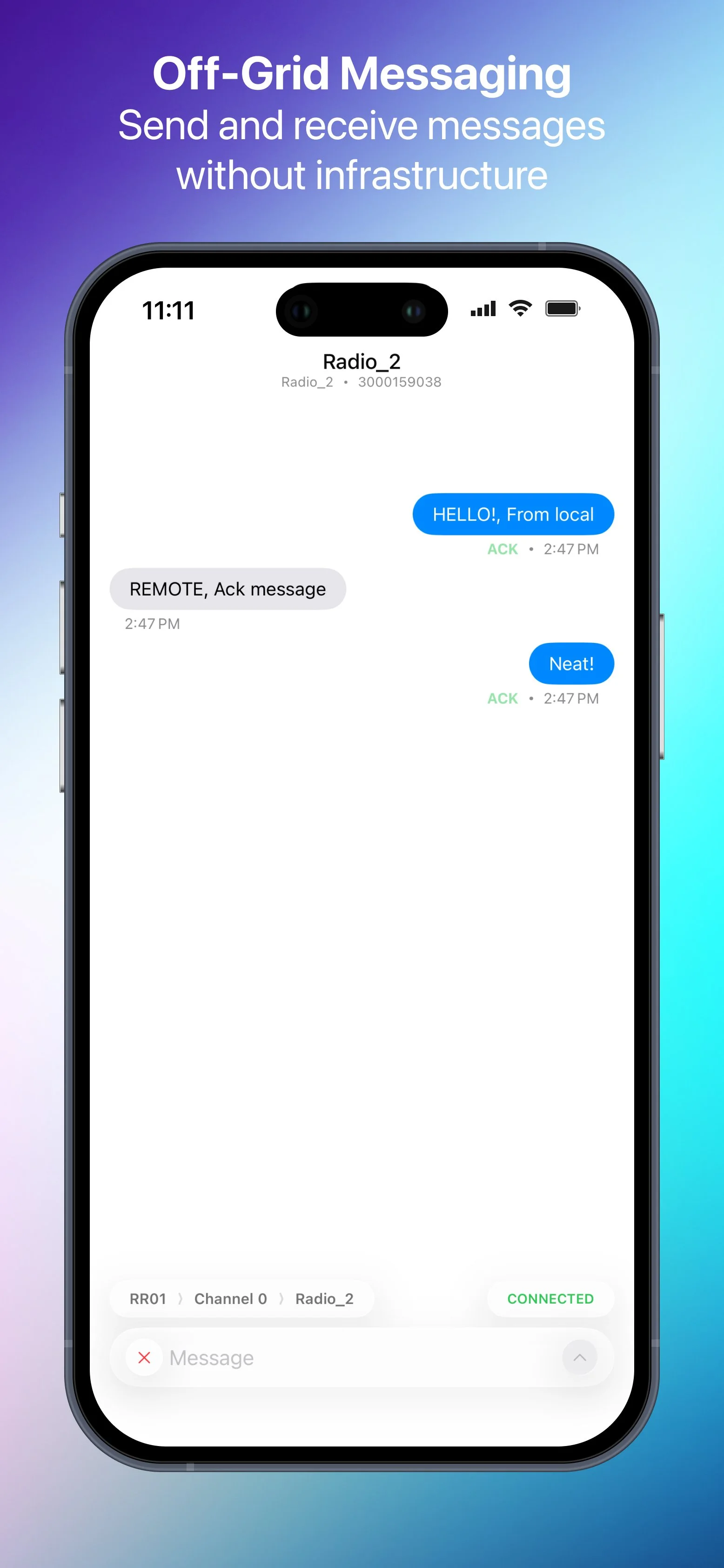 Smartphone screen displaying an off-grid messaging app with a conversation between a user and a radio station, showing sent and received messages about remote communication, with a gradient blue background.